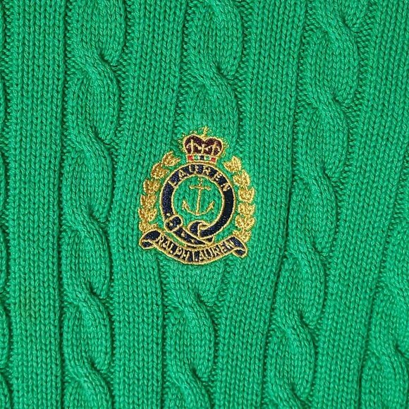 RALPH LAUREN Green Cable Knit Embroidered Crest 1/4 Zip Pullover Sweater Large - Picture 5 of 8